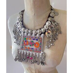 Afghan Necklace Middle Eastern Massive Vintage Orange Blue Green, Belly Dance